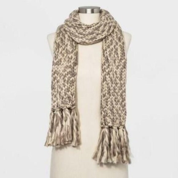 Chunky Knit Scarf With Fringe - Cream & Brown - Picture 1 of 1